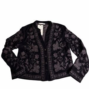 Zara Black Floral Embroidered Velvet Blazer Jacket